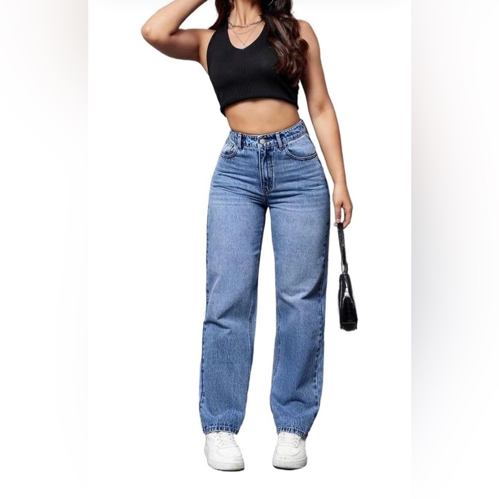 Blue high waist straight leg jeans (not for plus size, these are small).